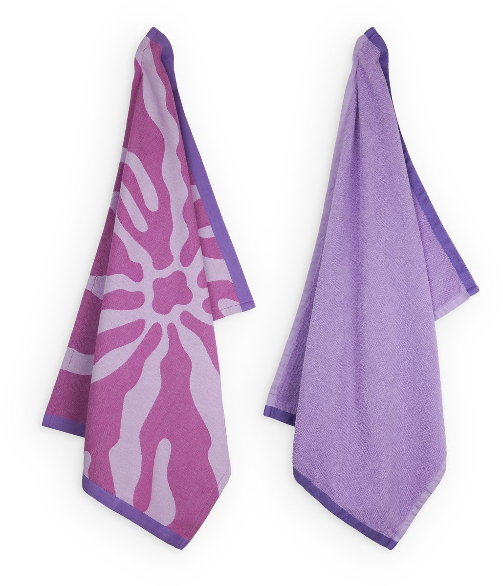 Lifa home Vivid Violet Theedoek en Handdoek set – 50 x 70 cm – Blad – Paars