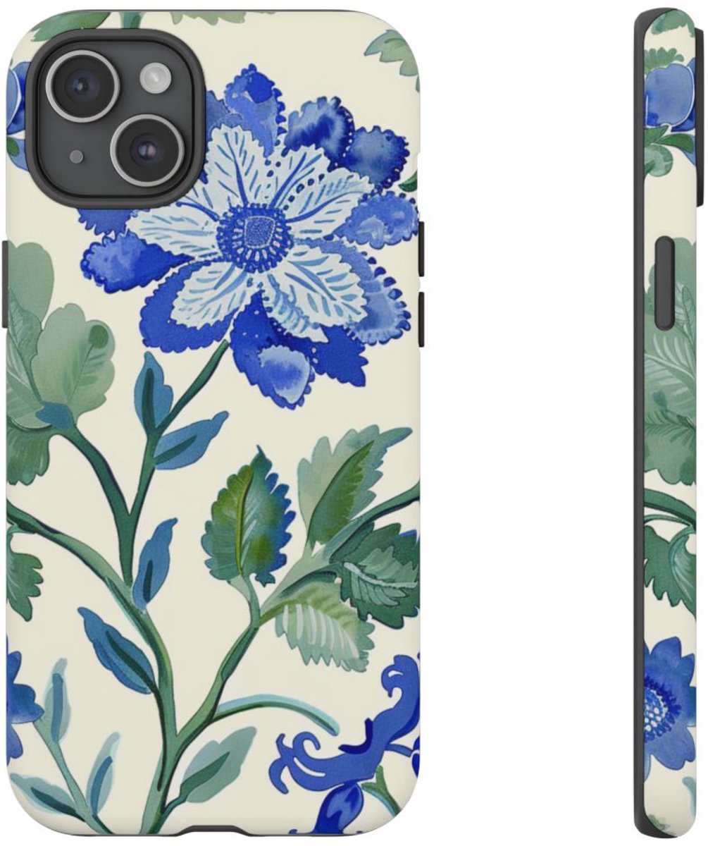 Blauw Waterverf Bloemenpatroon – Telefoonhoesje Geschikt voor iPhone 15 Plus