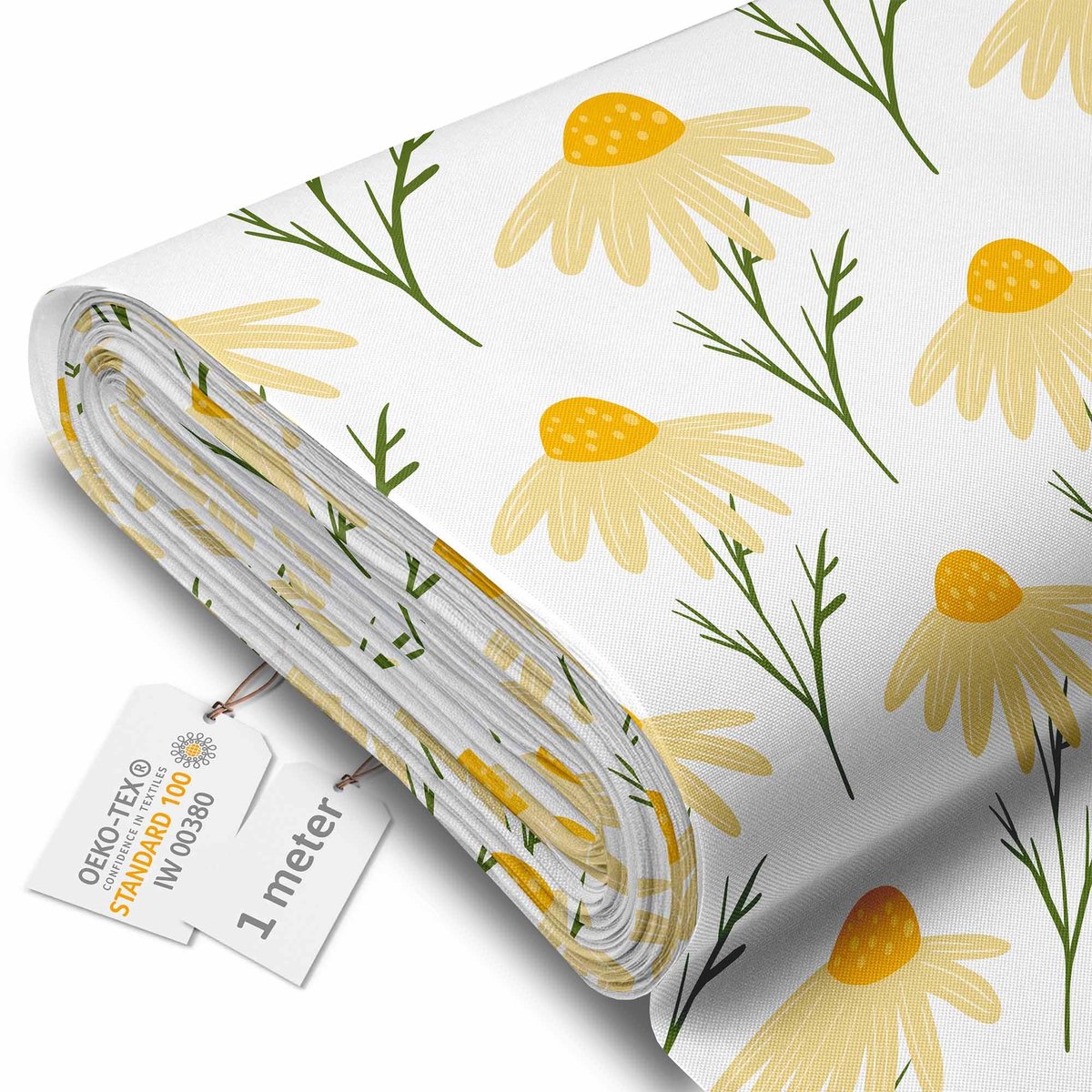 DreamRoots Canvas Waterdicht - Meubelstof per meter 160 cm breed - Waterafstotende stof 220 g/m2 600D - Zonneschermstof Waterdicht per meter Geel Schattige Madeliefjes 1M