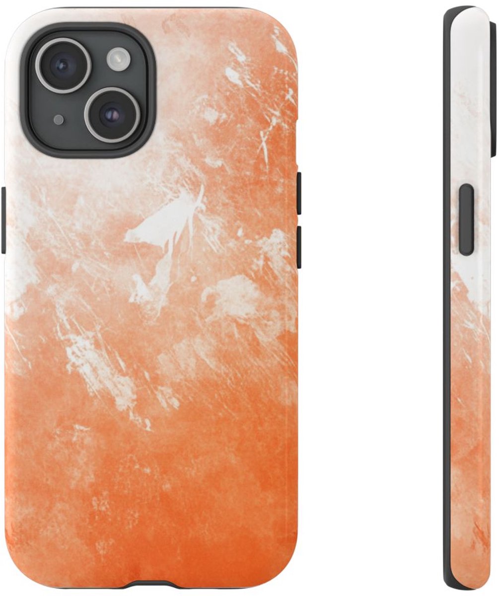 Oranje Schilderachtige Textuur – Glanzend Stevig Telefoonhoesje Geschikt voor iPhone 15