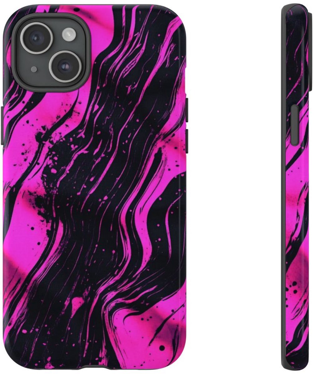 Neonroze en Zwart Abstract Patroon – Telefoonhoesje Geschikt voor iPhone 15 Plus