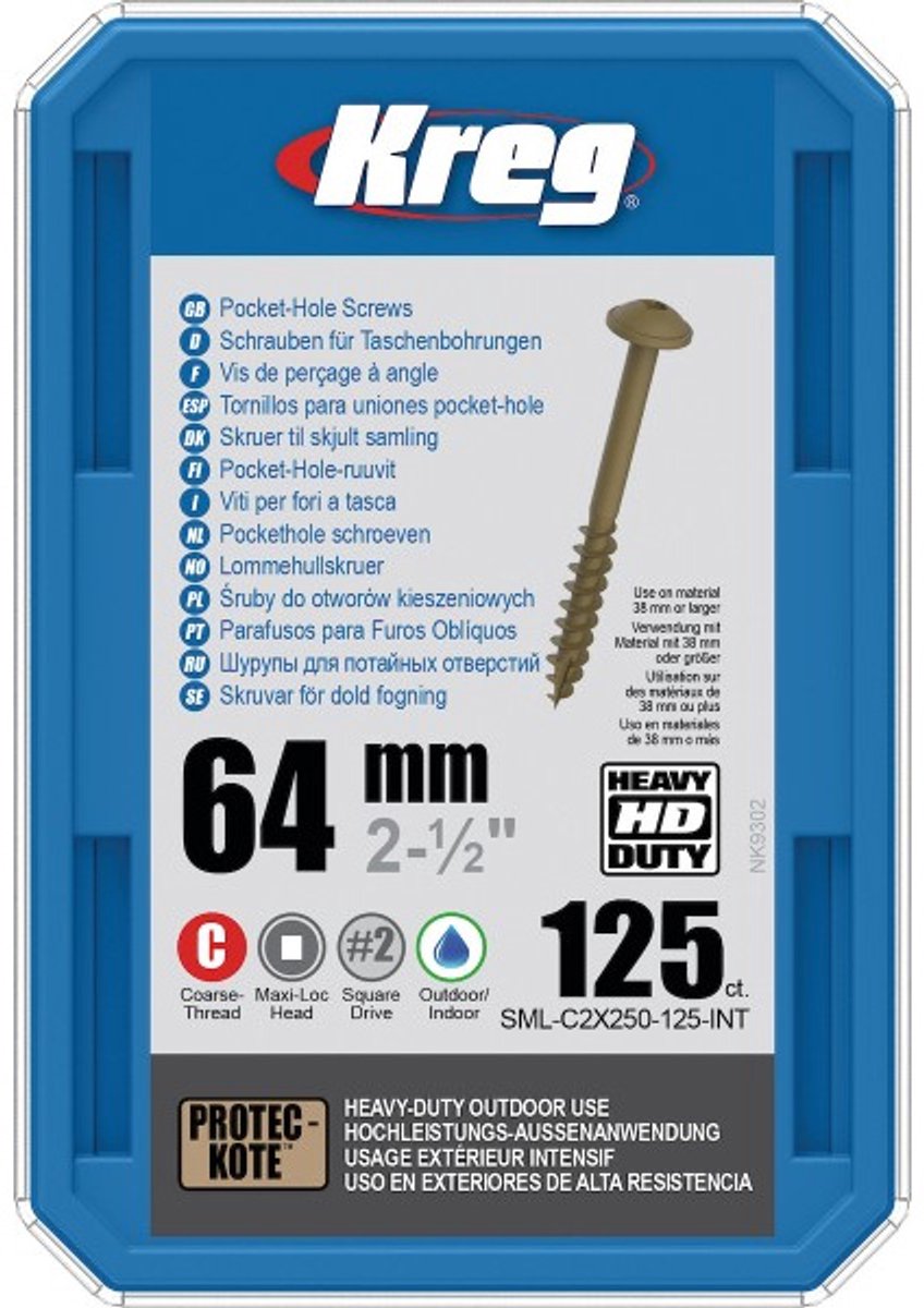 Kreg HD WR Pocket boring schroeven met sluitringkop, grof, 64 mm, #14, 125 stuks