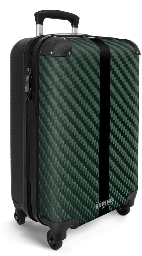 NoBoringSuitcases.com® - Handbagage koffer lichtgewicht - Reiskoffer trolley - Groene carbonstructuur met zwarte streep - Vakantie rolkoffer met wieltjes - Carryon suitcase - Flightcase - Cabin koffertje - Past binnen 55x40x20 en 55x35x25