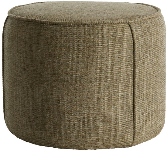 Pouf rond vert complet avec une texture tricotée et des coutures.