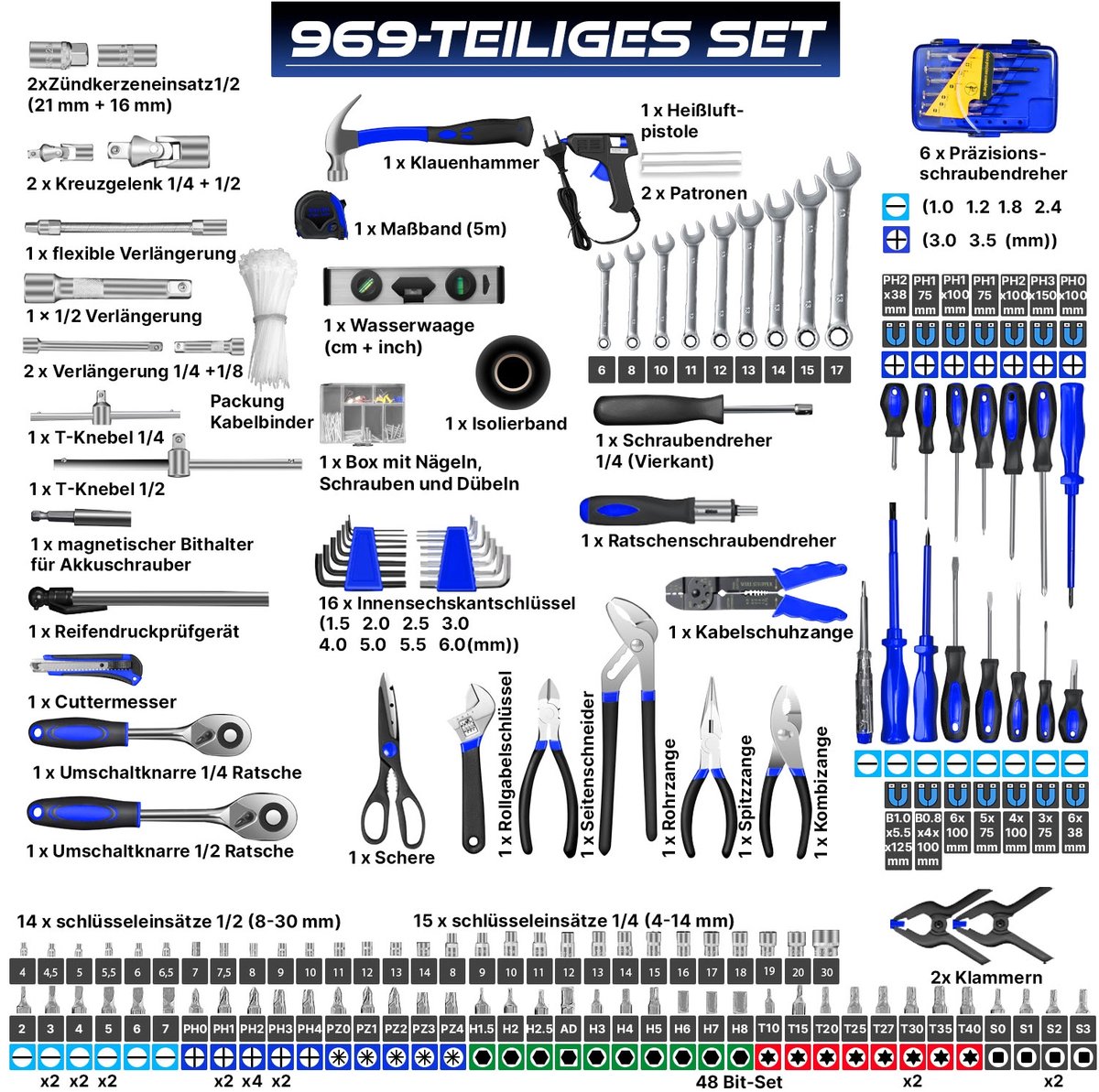 MASKO® gereedschapskoffer, 969-delige set | Gereedschapsset in aluminium koffer |