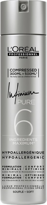 Zilverkleurige spuitbus L'Oréal Professionnel Infinium Pure, met tekst 'Hypoallergeen'.