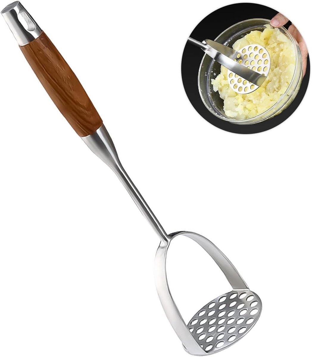 Aardappelstamper van roestvrij staal met houten handvat - Harde professionele groentestamper - Geschikt voor alle soorten groenten - Vaatwasserbestendig