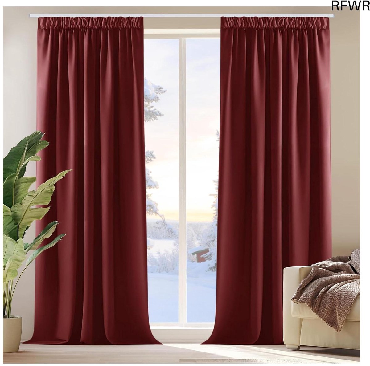 RFWR® Verduisteringsgordijnen Plooiband - Donkerrood Luxe Met Black Stof voor Woonkamer - 140x175 cm - 2 Stuks