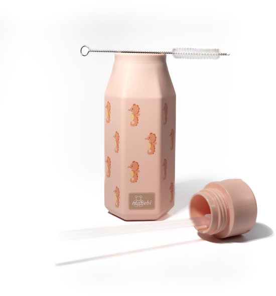 Mabebi - Drinkfles met kliksysteem 350 ml - Lekvrije drinkfles voor kinderen - Waterfles voor onderweg - Siliconen drinkfles met rietje - Schoolbeker - Zeepaardjes Roze van Mabebi — afbeelding 4