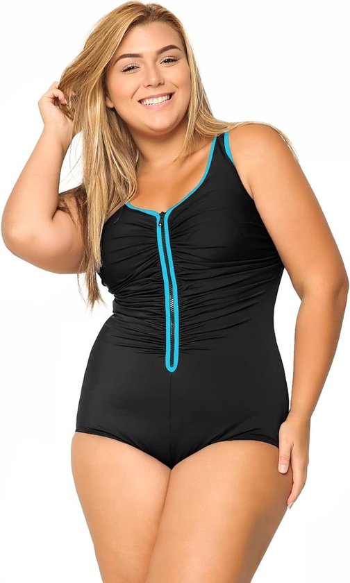 Allecto Plus - One Piece Zwempak met Ingebouwde Cup voor Vrouwen in Grote Maten - Ritssluiting aan de Voorkant - Multicolor Patroon - Maat 56