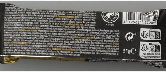 Achterkant Isostar High Protein chocolade crispy bar met ingrediënten en 55g.