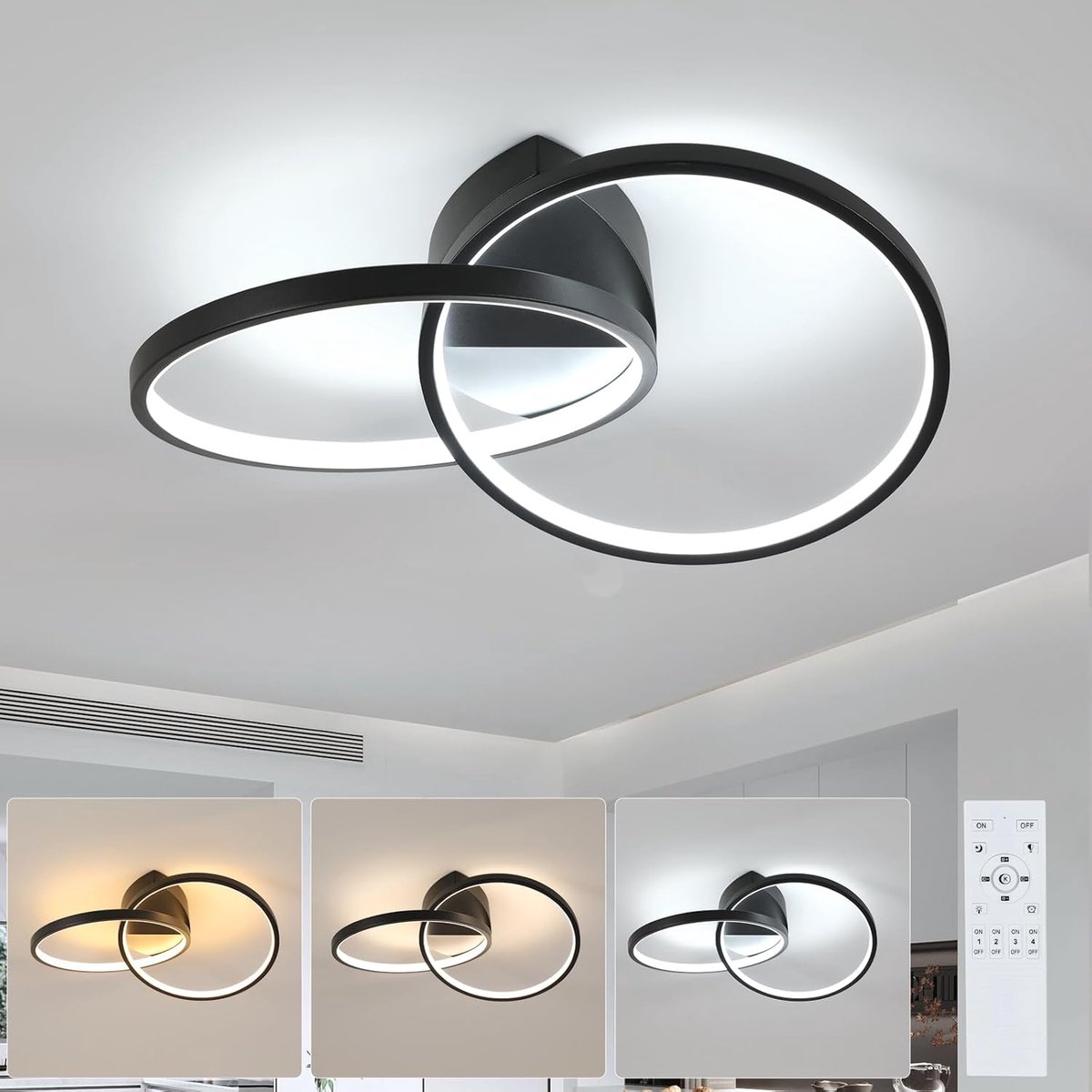 Haobosic - Led-plafondverlichting, moderne plafondverlichting met afstandsbediening, dimbare lampen voor woonkamer, slaapkamer, keuken, kantoor - 23W, zwart, aluminium, 54 cm, 3000K-6500K