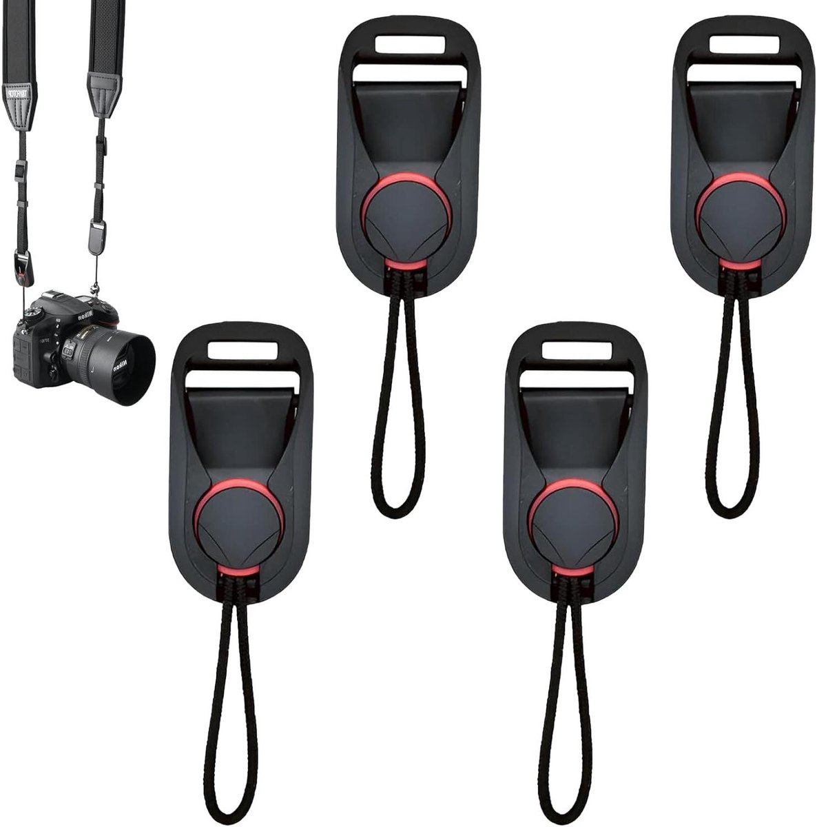 Allecto Plus - Snelle sluiting camerariem voor camera's en verrekijkers - Set van 4 stuks, zwart