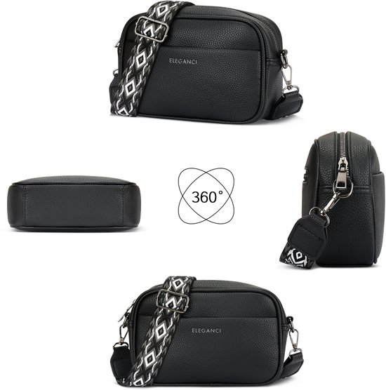 Set van afbeeldingen die de zwarte Eleganci crossbody tas van alle kanten tonen, met geometrische band.
