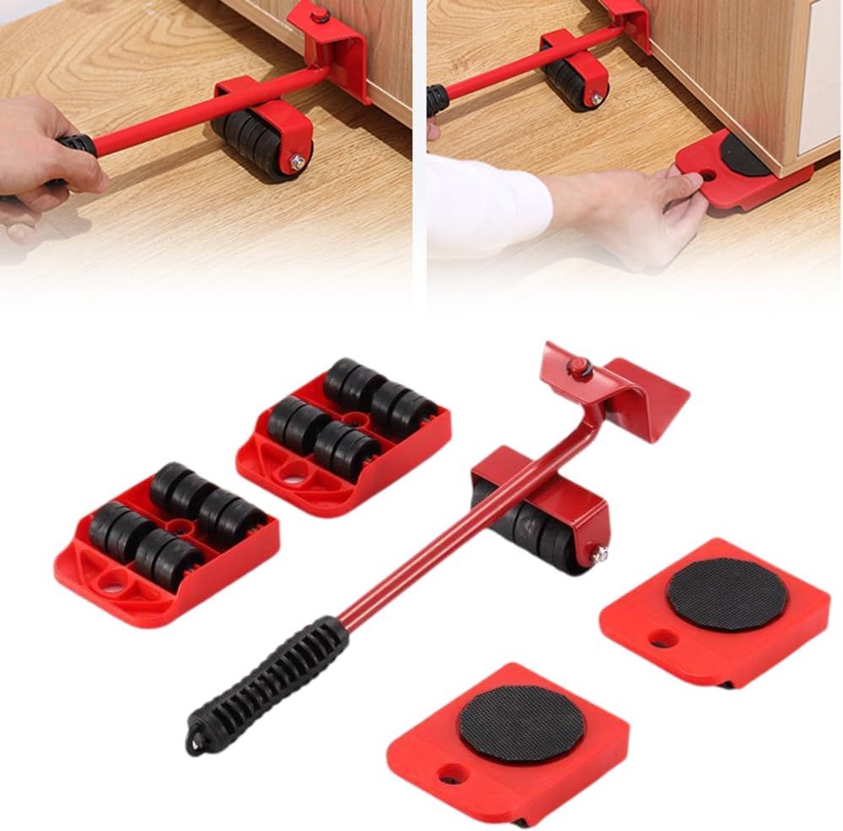 Meubellift- en verhuisgereedschapset met in hoogte verstelbare hefboom en 4 wielen, meubellift- en verhuisglijders voor het verplaatsen van zware meubels (rood, hefvermogen: 220 lbs)