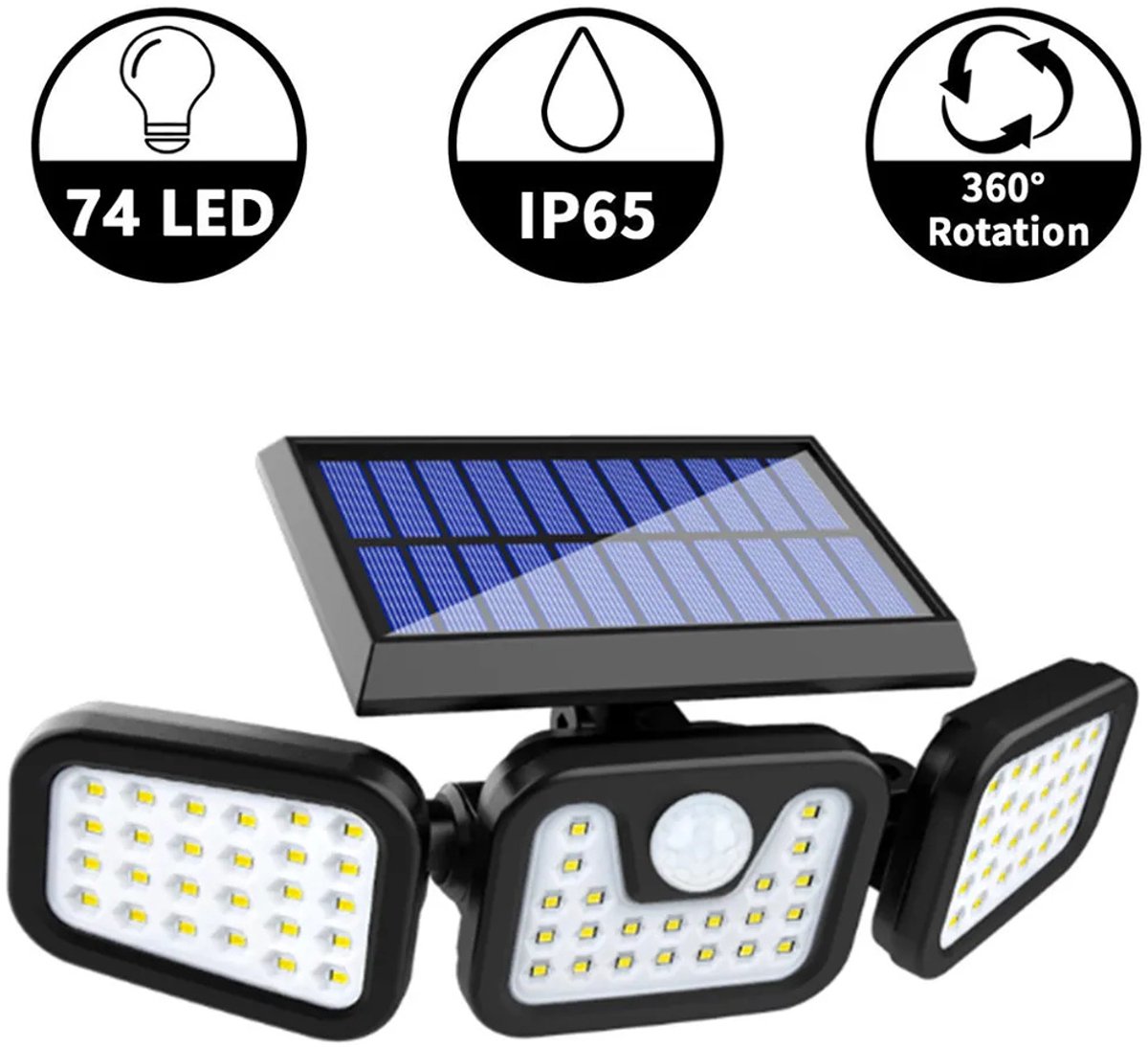 Buitenlamp met bewegingssensor – Buitenverlichting Zonne Energie – Sensor – Solar – Dag Nacht Sensor – 74LEDS – Zwart – Zeer veel licht - ElectroGoods