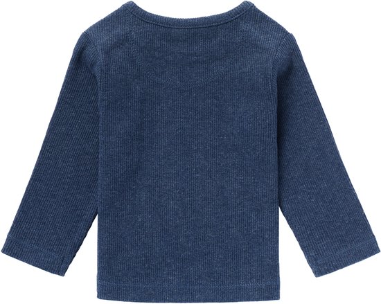 Achterkant donkerblauw geribd longsleeve shirt met fijne ribbelstructuur.