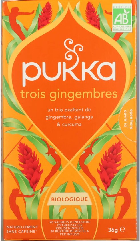 Pukka Trois Gingembres biologische kruidenthee, 20 zakjes met gember, galanga en kurkuma op oranje verpakking met botanische print.