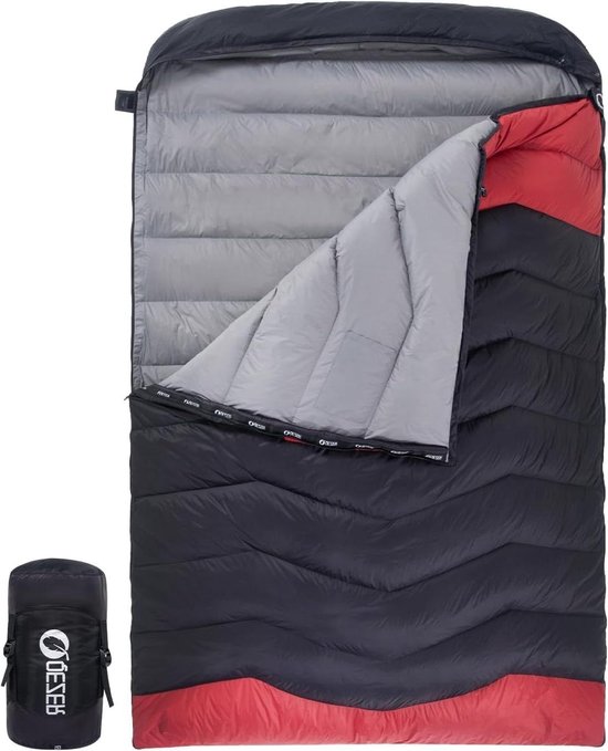 QEZER donzen slaapzak voor volwassenen, rechthoekige winterslaapzak voor backpacken, wandelen en kamperen buiten met gratis compressiezak, kan worden gebruikt als deken of mat (zwart 0°C