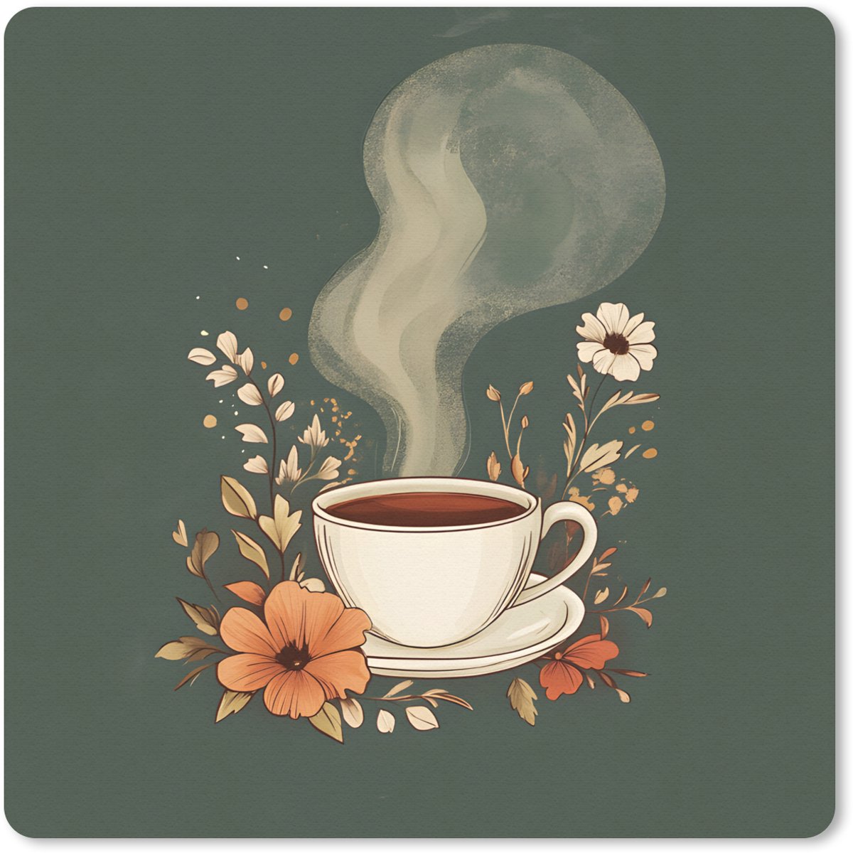 Muismat 30x30 cm - Mousepad Kop - Bloemen - Groen - Koffie - Muismatten