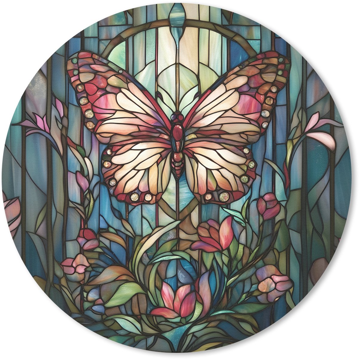 Muismat rond 30x30 cm - Mousepad Vlinder - Roze - Bloemen - Bladeren - Ronde muismatten