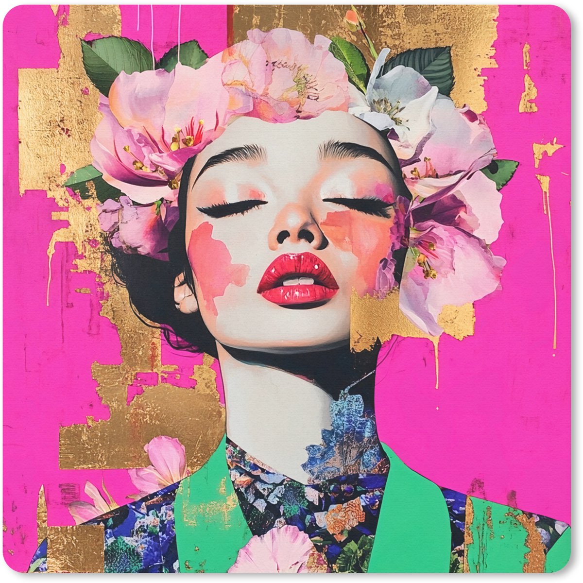 Muismat 20x20 cm - Mousepad Bloemenkroon - Goud - Vrouw - Portret - Muismatten