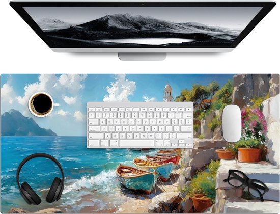 Bureau onderlegger 80x40 cm - Muismat Boten - Rotsen - Zee - Zon - Bureaumat - Mousepad XXL - Bureau mat - Muismatten groot - Desk organizer - Bureaulegger