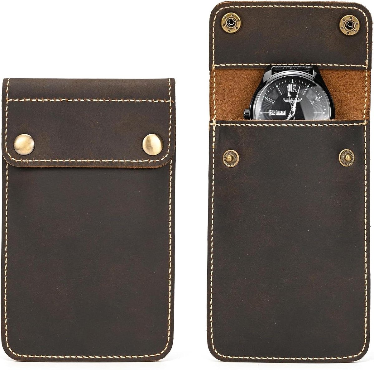 2 stuks lederen horlogetassen - draagbare horloge-opbergtas van echt leer - reistas voor dames en heren (donkerbruin) met ruimte voor zoekwoorden zoals horloge en opbergen.