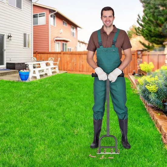BeneLabel Gazonbeluchter, Gras Holle Tine Beluchtools Met Lange Handgreep Handmatige Tuinplugger 4 Kern Zware Beluchtingsspikkel Zachte Grip Met Kernopslagbak en Reinigingsset Voor Verdichte