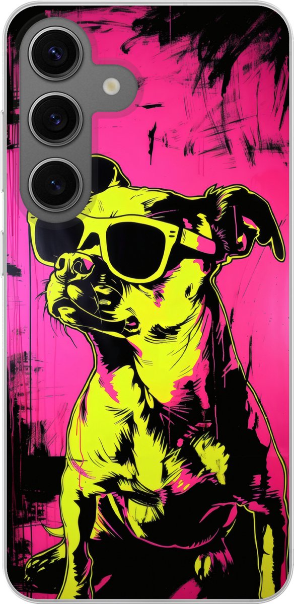 Telefoonhoesje samsung Galaxy S24 hoesje - Hond - Zonnebril - Roze - Art - Siliconen Telefoonhoesje Telefoonhoesje