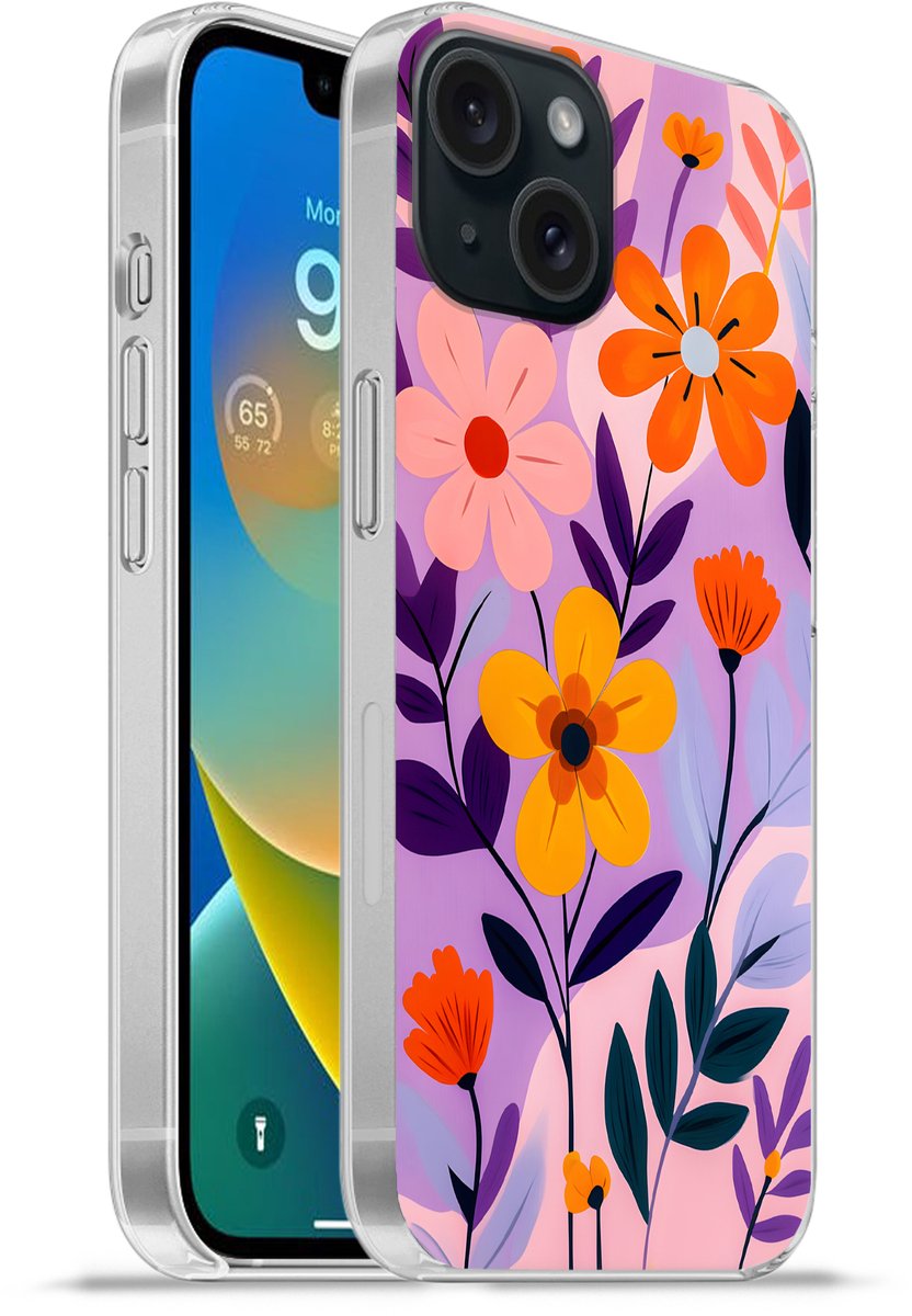 Telefoonhoesje Geschikt voor iPhone 15 hoesje - Bloemen - Kleurrijk - Bladeren - Siliconen Telefoonhoesje Telefoonhoesje