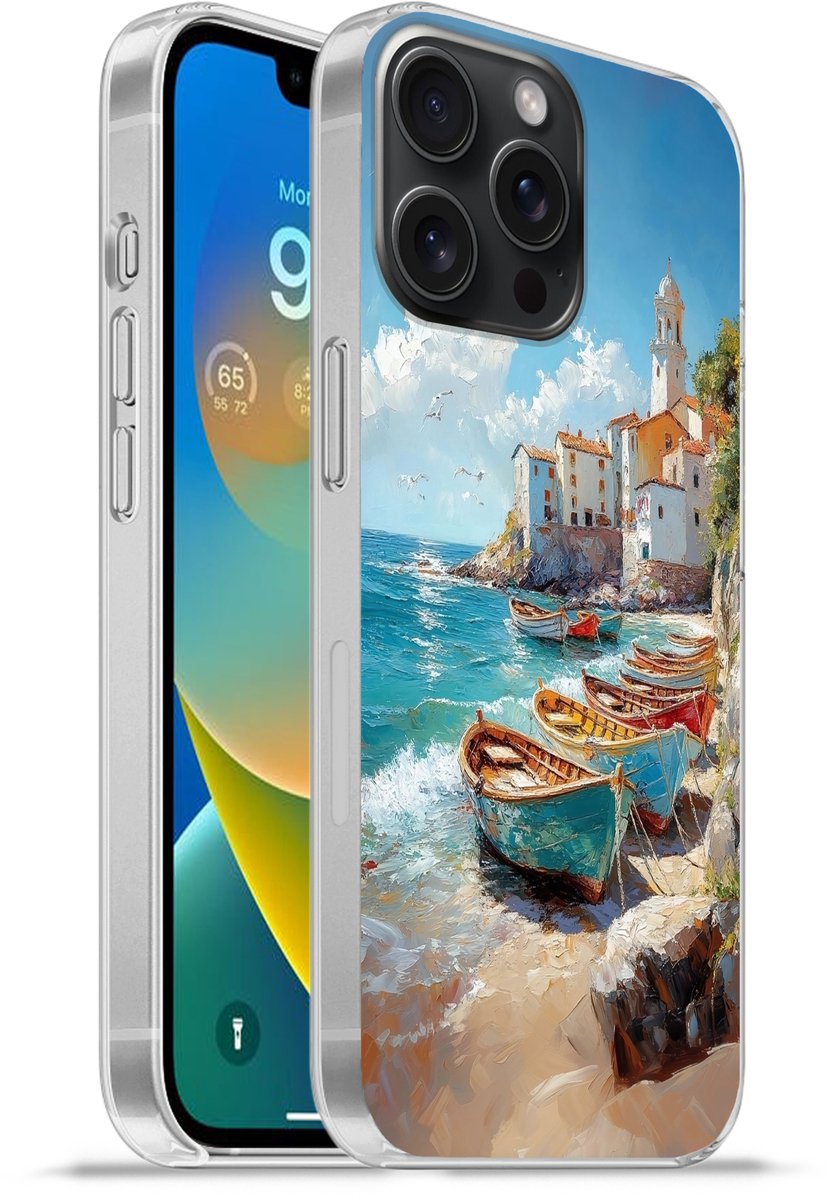 Telefoonhoesje Geschikt voor iPhone 15 Pro Max hoesje - Boten - Rotsen - Zee - Zon - Siliconen Telefoonhoesje Telefoonhoesje