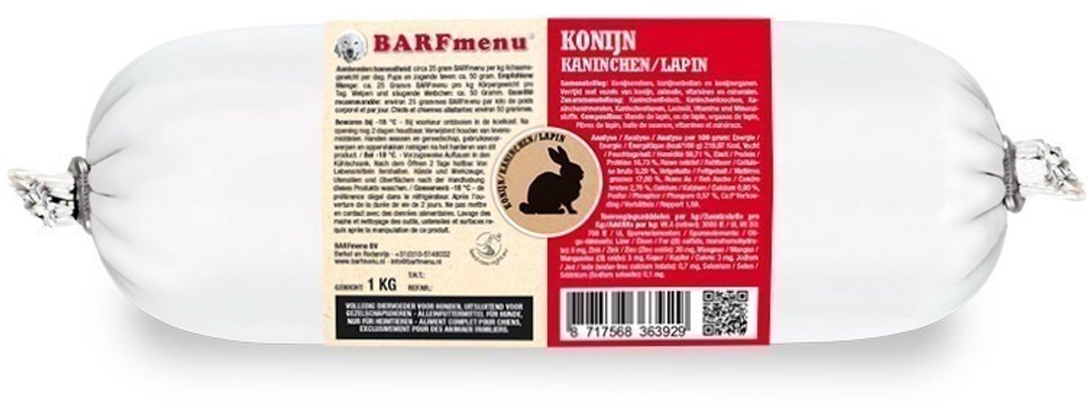 Barfmenu Hondenvoer - Konijn 1000gr - Glutenvrij, Vers Rauw, Aanvullend Diervoeder