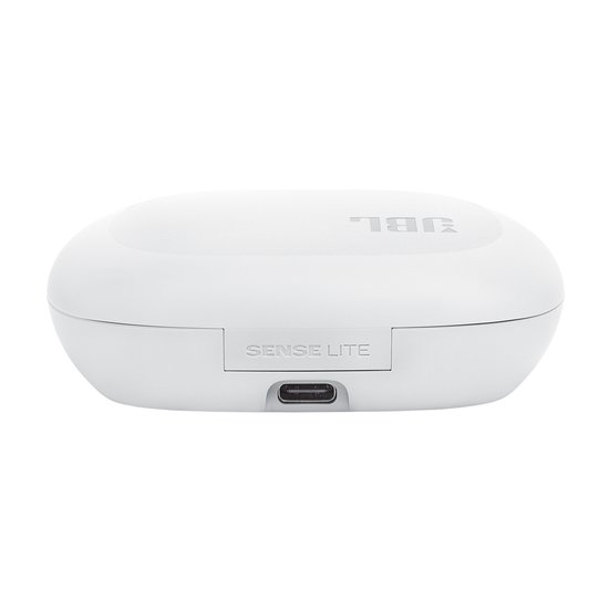 Witte oplaadcase voor JBL Sense Lite oordopjes met USB-C poort.