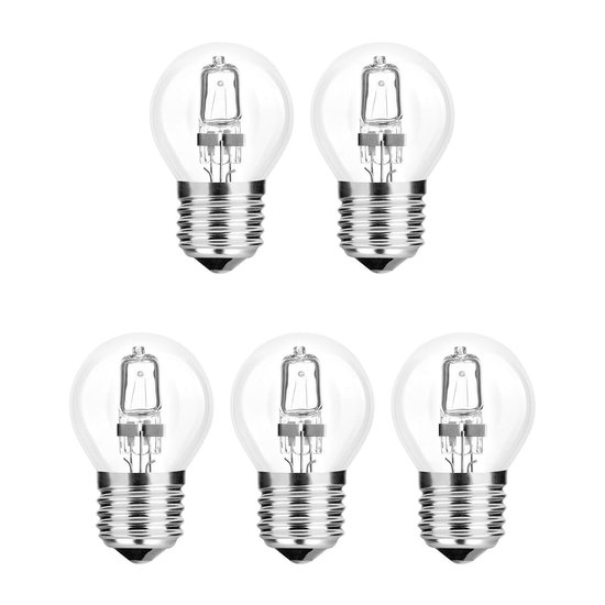 Vijf heldere E27 halogeenlampen met metalen schroefdraad.