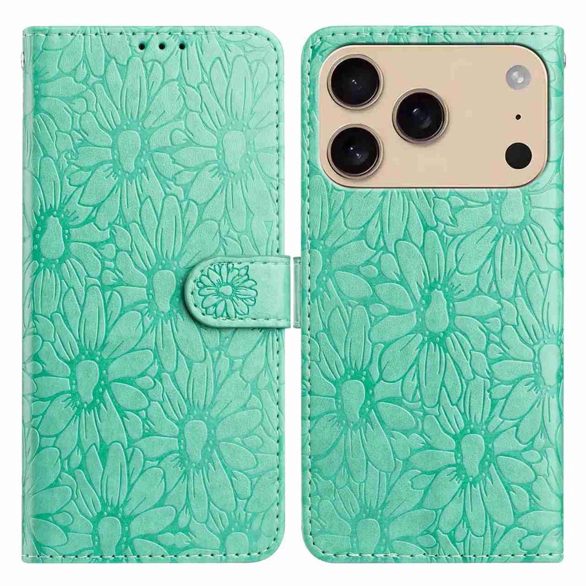 Mobigear Telefoonhoesje geschikt voor Apple iPhone 17 Pro Max Hoesje | Mobigear Flowers Bookcase Portemonnee | Pasjeshouder voor 3 Pasjes | Telefoonhoesje voor Pinpas / OV Kaart / Rijbewijs - Groen