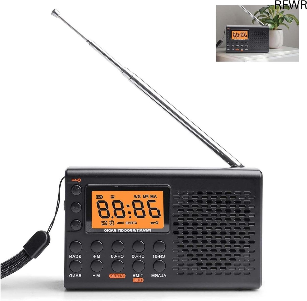 RFWR® Draagbare radio AM/FM/SW met LED-display, stereo speakers, hoofdtelefoonaansluiting en wekkerfunctie