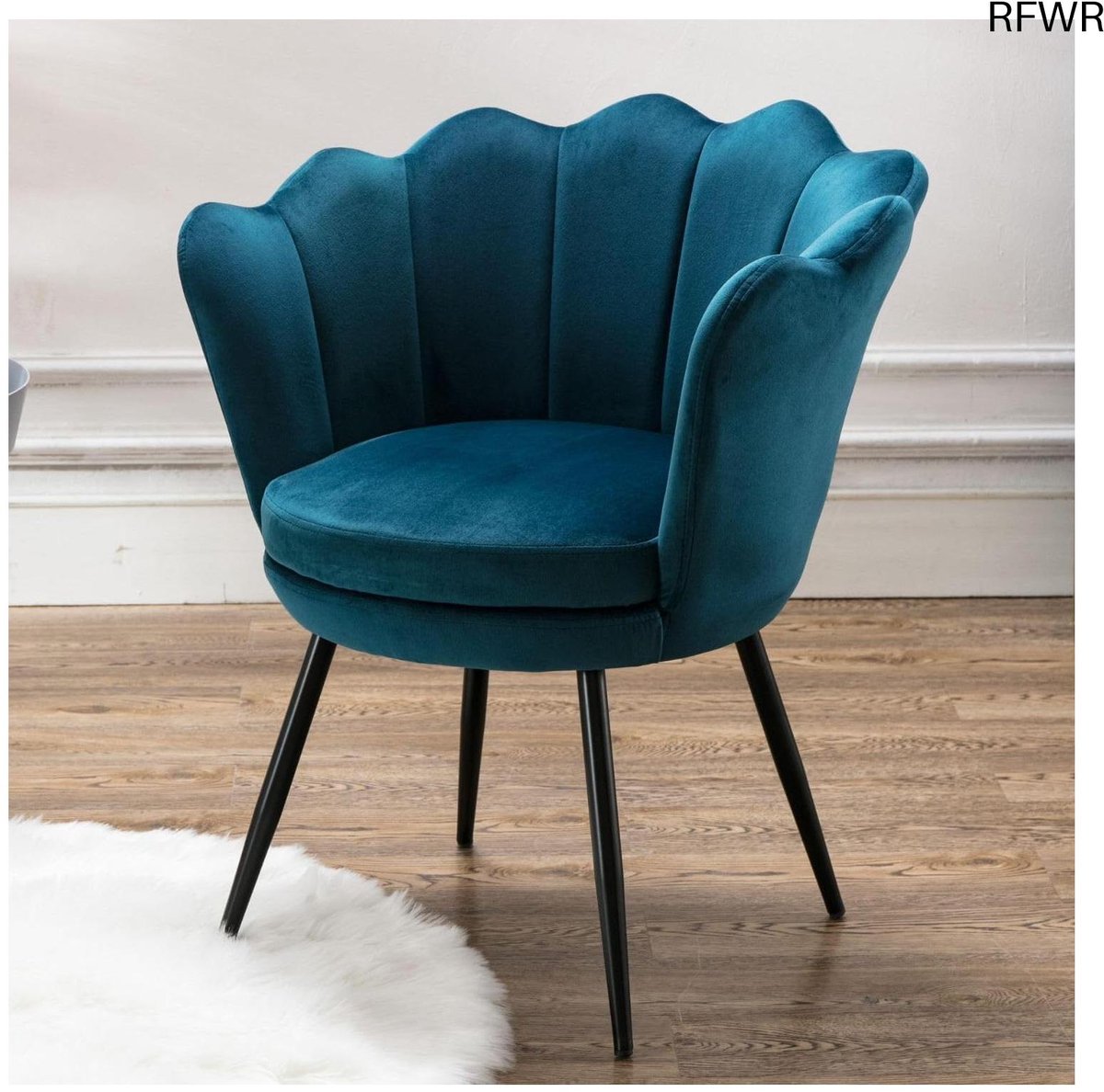 RFWR Fluwelen Make-uptafelstoel voor Woonkamer en Slaapkamer - Ergonomische Schelpstoel met Metalen Poten in Groenblauw blauw-groen