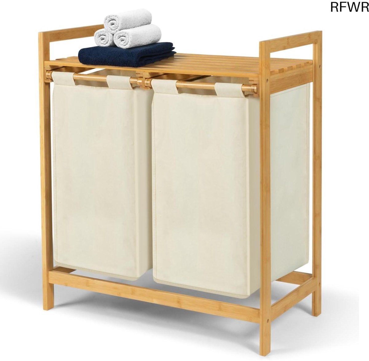 RFWR® Bamboe Wasmand met 2 Dienbladen en Ecru Stoffen Zakken