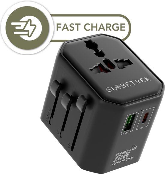 GlobeTrek® Reisstekker - Wereldstekkers - Fast Charging - Universele Wereldstekker - USB-C USB-A snel laadpoorten - 170+ landen: Engeland (UK), Amerika (USA), Australië, Japan, Zuid Amerika, Azië, Thailand, Afrika, Europa - Snellader - Reisadapter