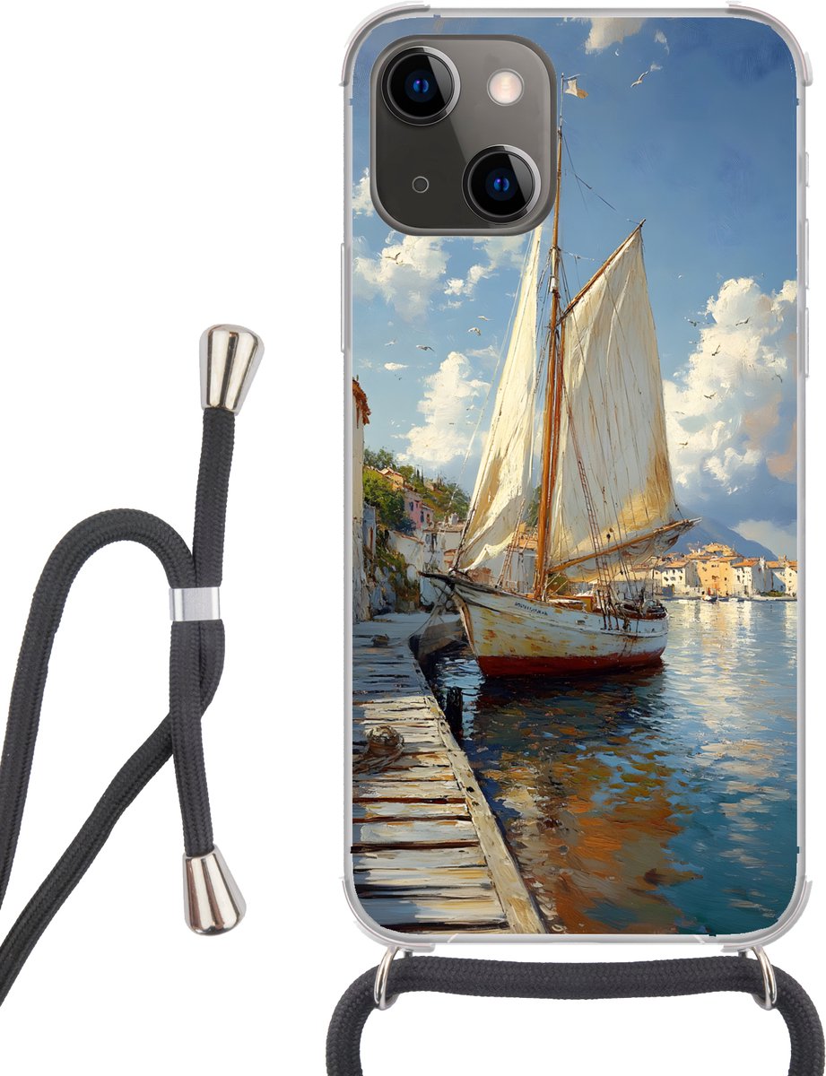 Telefoonhoesje Geschikt voor iPhone 13 Mini - Zeilschip - Huizen - Kade - Zee - Siliconen - Crossbody - Backcover met Koord - Telefoonhoesje met koord - Hoesje met touw Telefoonhoesje