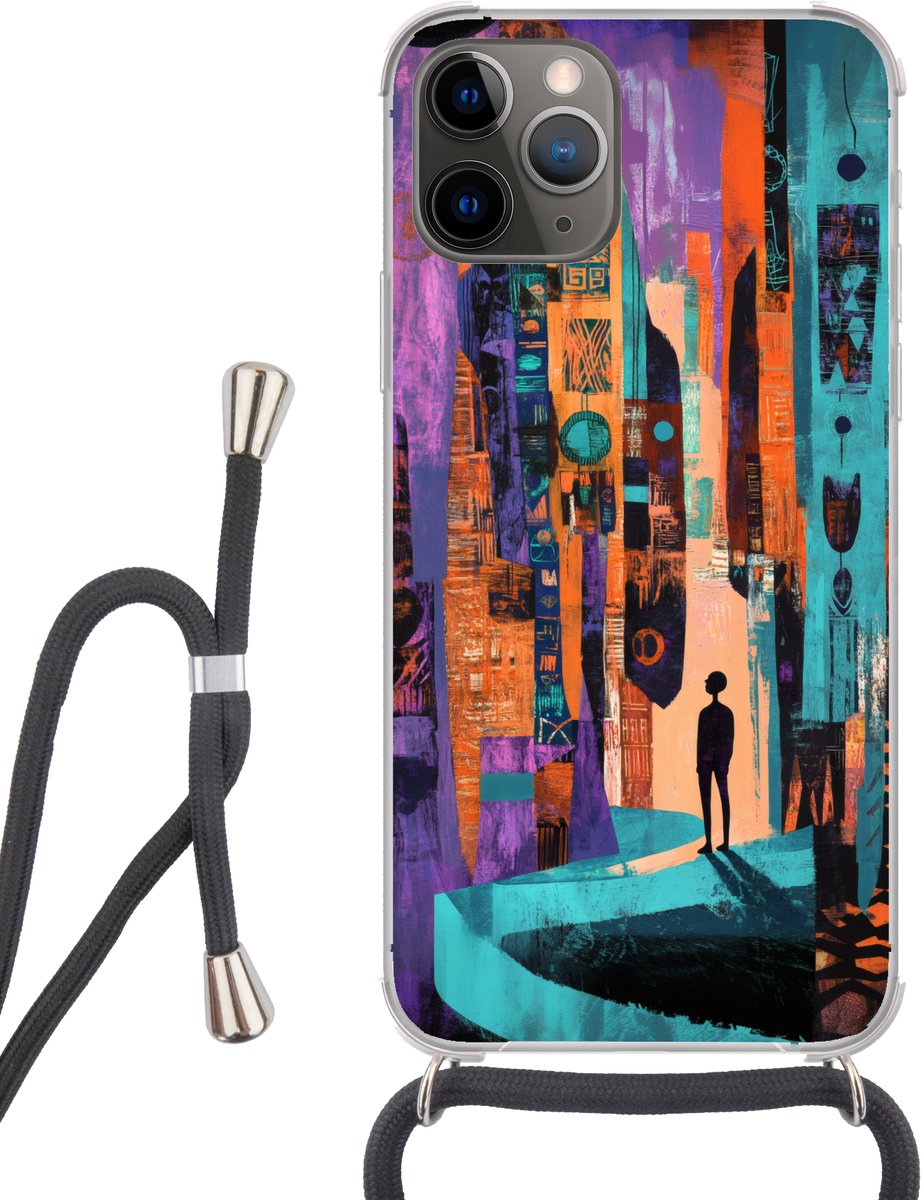 Telefoonhoesje Geschikt voor iPhone 13 Pro - Abstract - Figuren - Kleurrijk - Siliconen - Crossbody - Backcover met Koord - Telefoonhoesje met koord - Hoesje met touw Telefoonhoesje