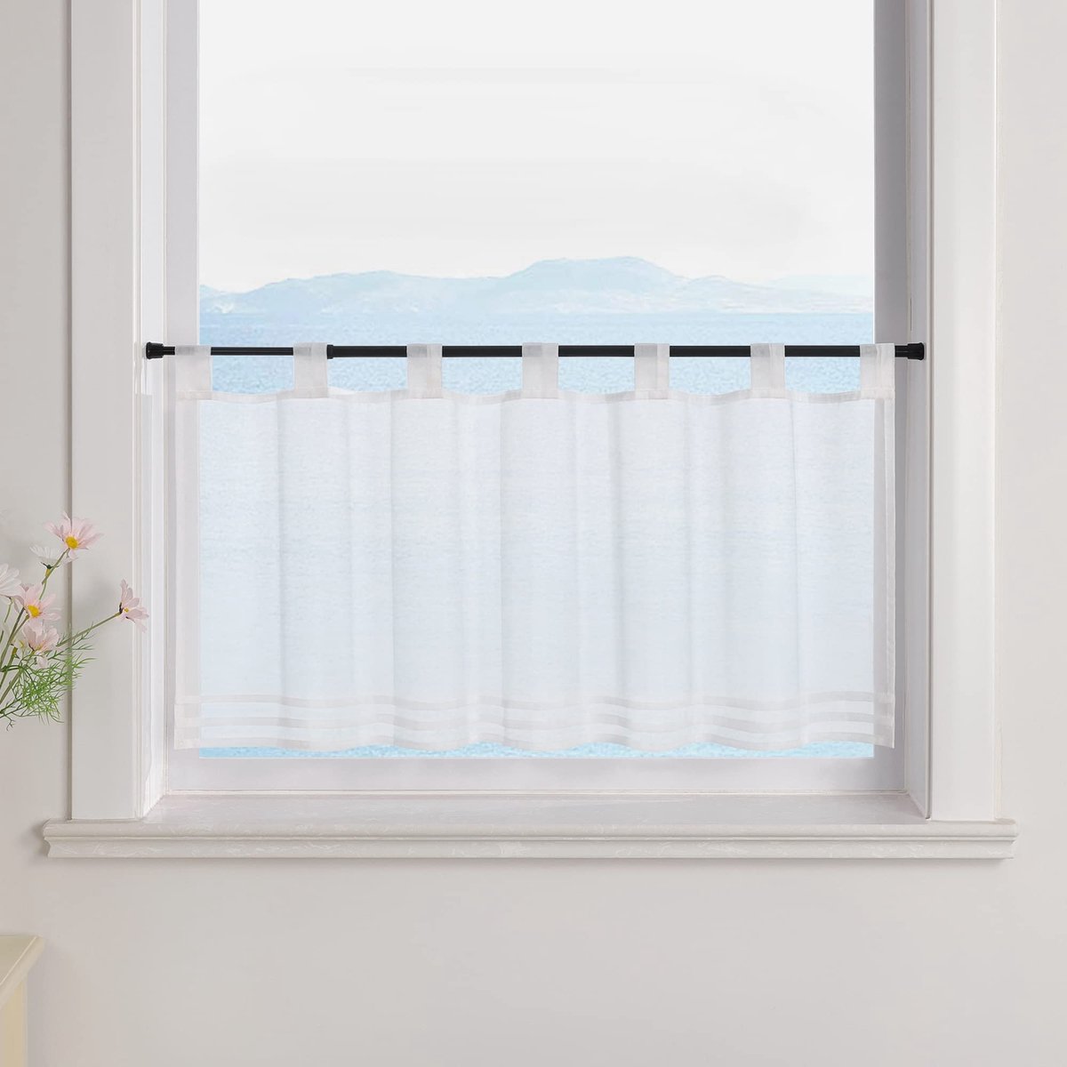 Ibenzoa Vitrage Gordijnen met Lussen voor Keuken en Bistro, Transparant Voile, 45 x 90 cm, Effen Wit