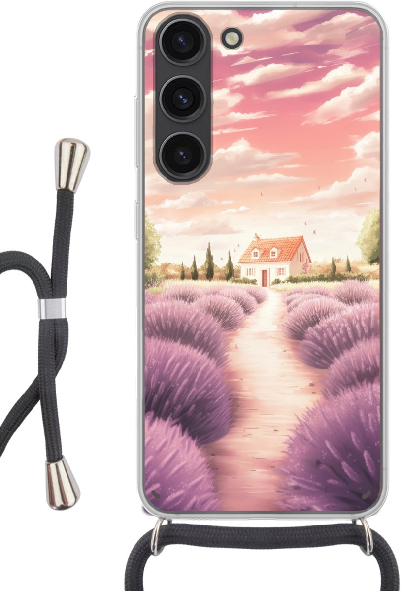 Telefoonhoesje Geschikt voor Samsung Galaxy S23 - Lavendelveld - Huis - Paars - Siliconen - Crossbody - Backcover met Koord - Telefoonhoesje met koord - Hoesje met touw Telefoonhoesje