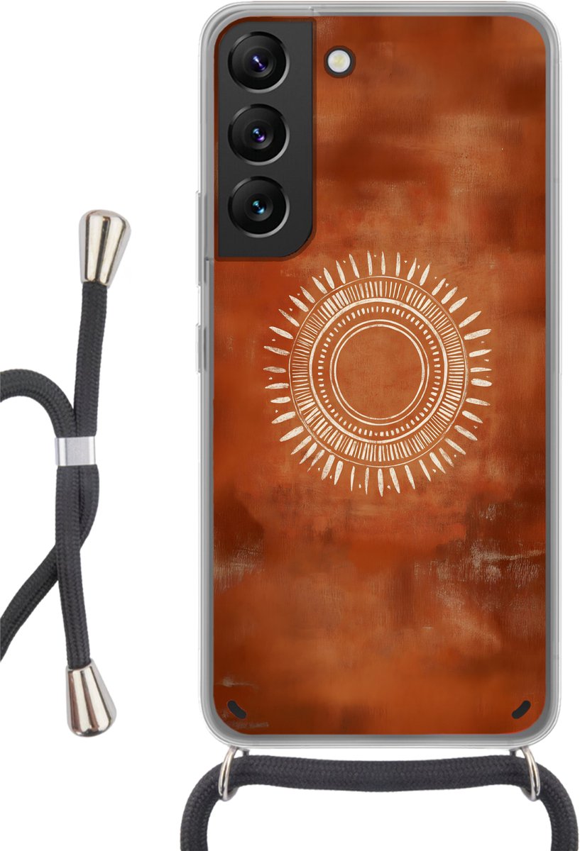 Telefoonhoesje Geschikt voor Samsung Galaxy S22 - Abstract - Lijnen - Zonnestralen - Roodbruin - Siliconen - Crossbody - Backcover met Koord - Telefoonhoesje met koord - Hoesje met touw Telefoonhoesje