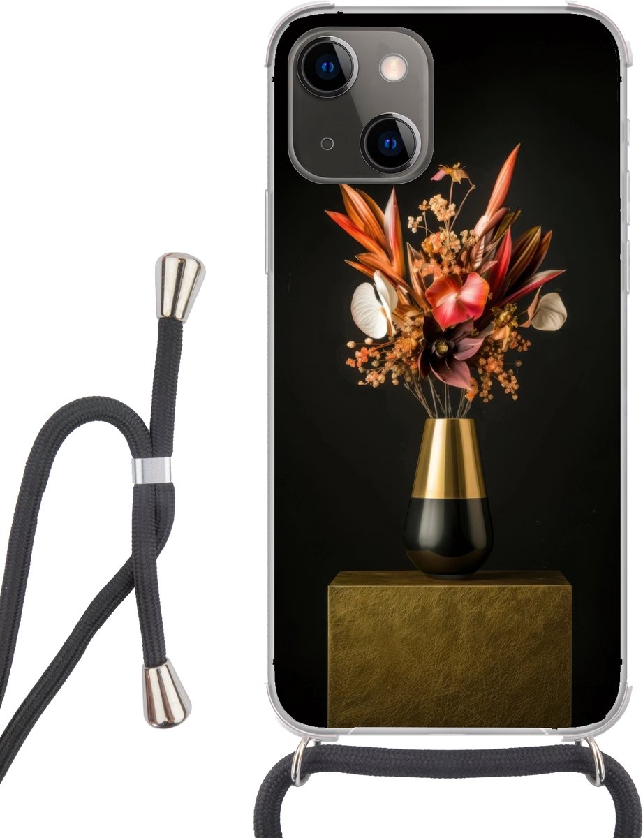 Telefoonhoesje Geschikt voor iPhone 13 - Exotisch - Boeket - Vaas - Goud - Siliconen - Crossbody - Backcover met Koord - Telefoonhoesje met koord - Hoesje met touw Telefoonhoesje
