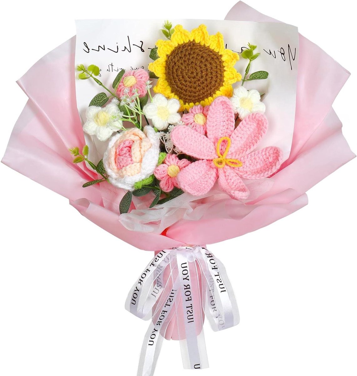 JGS Premium - Handgemaakt Gehaakt Bloemen Boeket | Gebreide Bloemen | Tulp Zonnebloem Roos | Moederdag Verjaardag Valentijnsdag | Breien Cadeau Moeder Vrouwen Vrienden | Roze Kleur