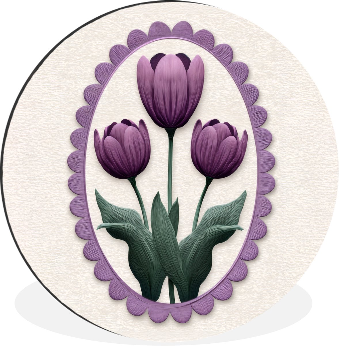 WallCircle Wandcirkel - Muurcirkel - Tulpen - Paars - Lijst - Bladeren - Aluminium - Dibond - 140x140 cm - Binnen en Buiten