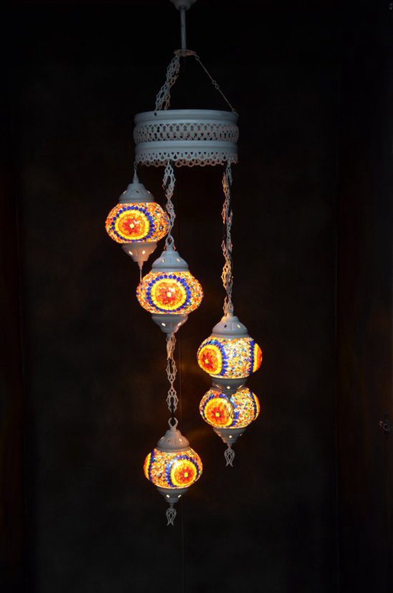 Hanglamp multicolour glas mozaïek 5 bollen Turkse Oosterse Crèmewit Marokkaanse kroonluchter