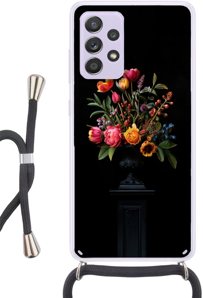 Telefoonhoesje Geschikt voor Samsung Galaxy A53 5G - Tulpen - Bessen - Boeket - Vaas - Siliconen - Crossbody - Backcover met Koord - Telefoonhoesje met koord - Hoesje met touw Telefoonhoesje